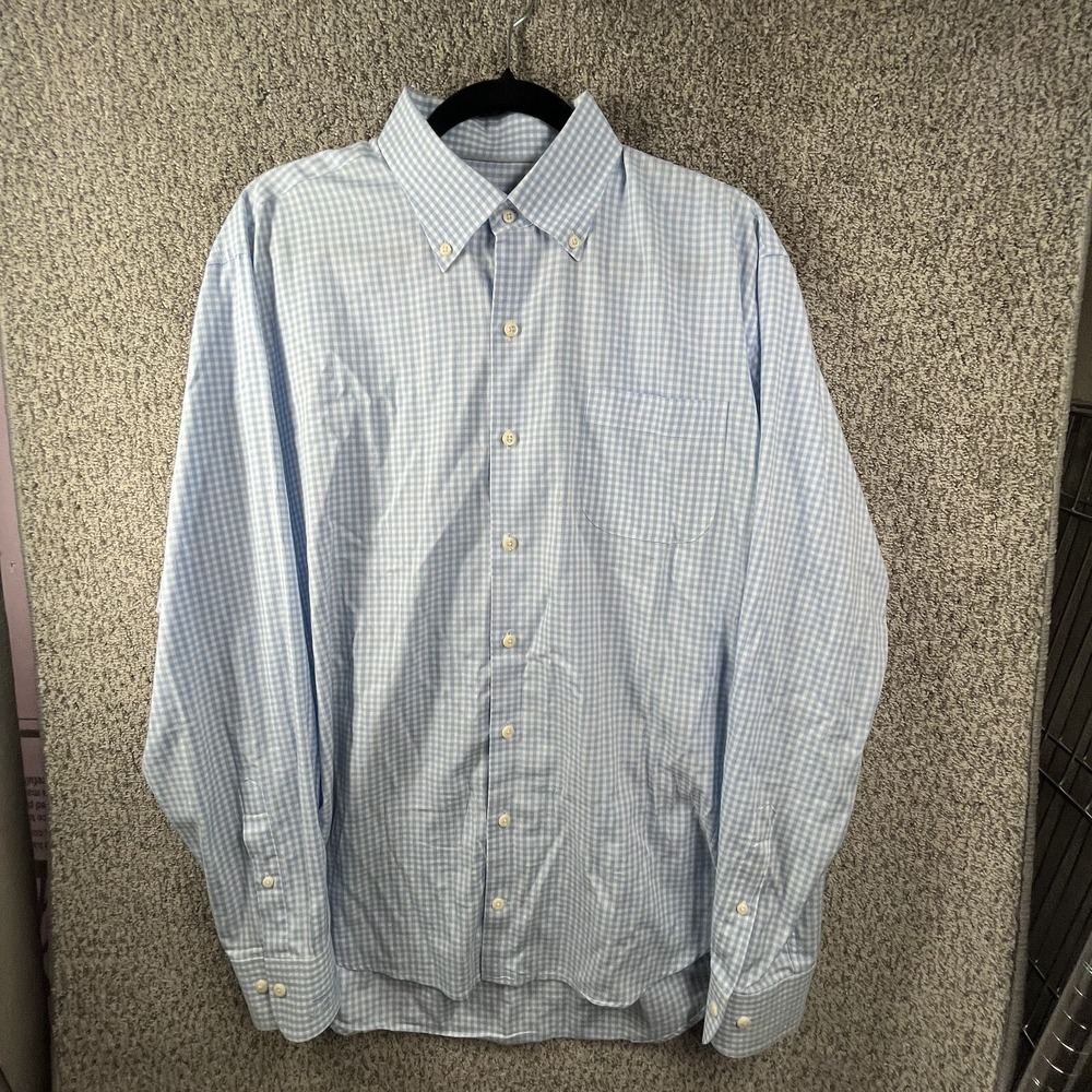 Peter Millar Mens Large Blue Check Plaid Silk Twill Button Down Dress Shirt